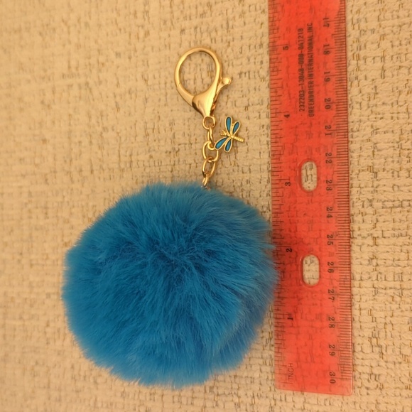 Bright Blue Dragonfly Pom Gold Keychain - Picture 2 of 4